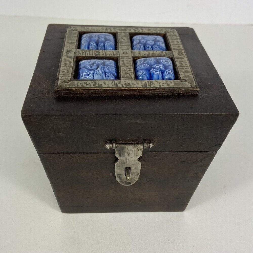 Vtg Wooden Trinket Box Millefiori Handmade Jewelry Hinged Floral